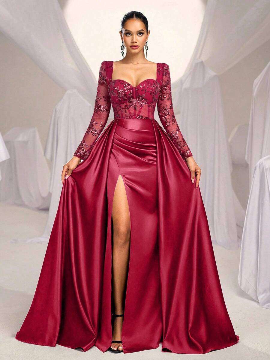 SHEIN Belle 优雅奢华的安哥拉彩色亮片和串珠缎面低胸透明长袖美人鱼高开衩超大荷叶边晚礼服 - 酒紅色 - 查看 1