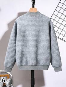 SHEIN Tween Boy 休闲百搭纹理格子棒球夹克，适合通勤、上学、日常休闲装、运动、秋冬 - 灰色 - 查看 3