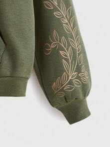 ROMWE Women Plus Size Fall Winter Back To School Hippie Sun & Leaf Print Zip-Up Loose Green Hoodie Sweatshirt - Green - View 2