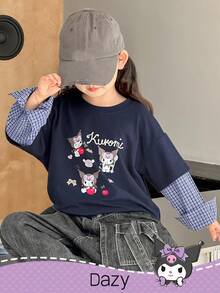 DAZY HELLO KITTY AND FRIENDS | SHEIN 小女孩圆领针织卡通印花格子拼布长袖T恤，秋季 - 藍色 - 查看 7