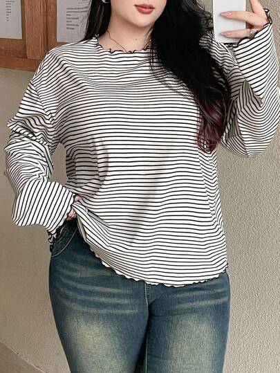 Dazy Plus Oversized Striped Long Sleeve Black & White T-Shirt, Spring/Autumn