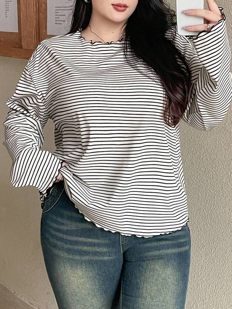 Dazy Plus Oversized Striped Long Sleeve Black & White T-Shirt, Spring/Autumn