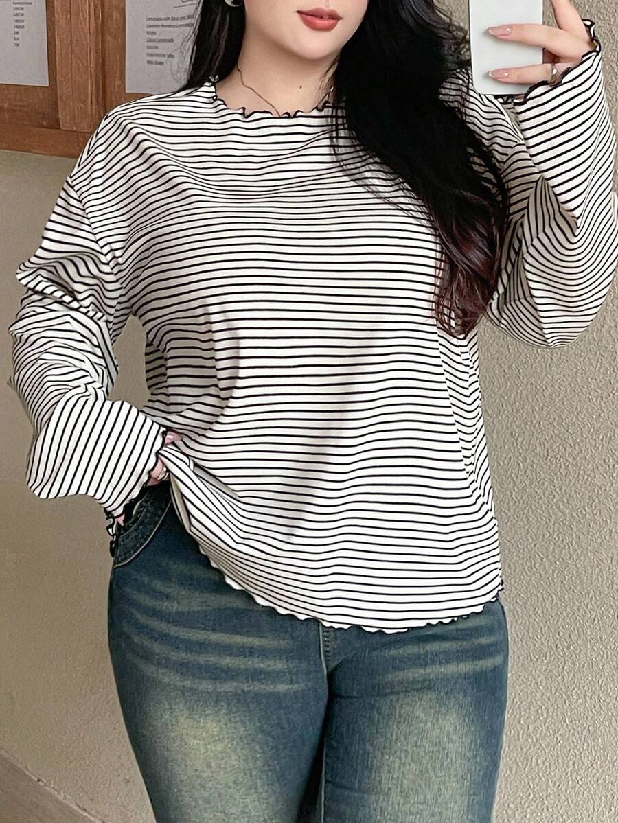 Dazy Plus Áo thun tay dài kẻ sọc đen trắng cỡ lớn, Xuân/Thu - Đen và trắng - Xem 1