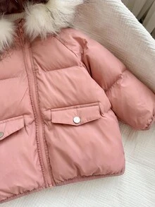 SHEIN Babygirl 可爱百搭粉色保暖羊毛连帽棉衣，秋冬 - 藕粉色 - 查看 4