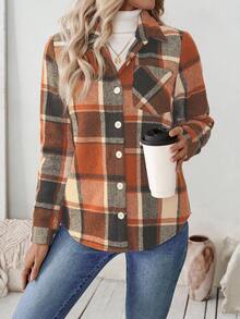 EMERY ROSE Chaqueta casual de mujer con botones, estampado de cuadros y bolsillo, manga larga - Camisa casual diaria para mujer - Naranja - Ver 4