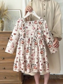 Vintaside Kids Young Girls' Floral Print Ruffle Hem Long Sleeve Dress, Suitable For Casual, School, Park, Outdoor Photography, Vacation Fall Winter - Multicolor - View 3