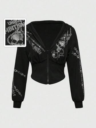 J-Fashion Sweat-shirt à capuche avec chaîne, crâne, lettre et strass dans un style rétro Y2K subculture pour femmes, avec taille resserrée