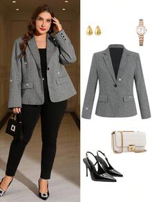 Gownix Plus Size Women's Elegant Tweed Beaded Pocket Suit, Suitable For Parties, Events, And Work Commute, Autumn/Winter Rave Party - Dark Grey - View 1