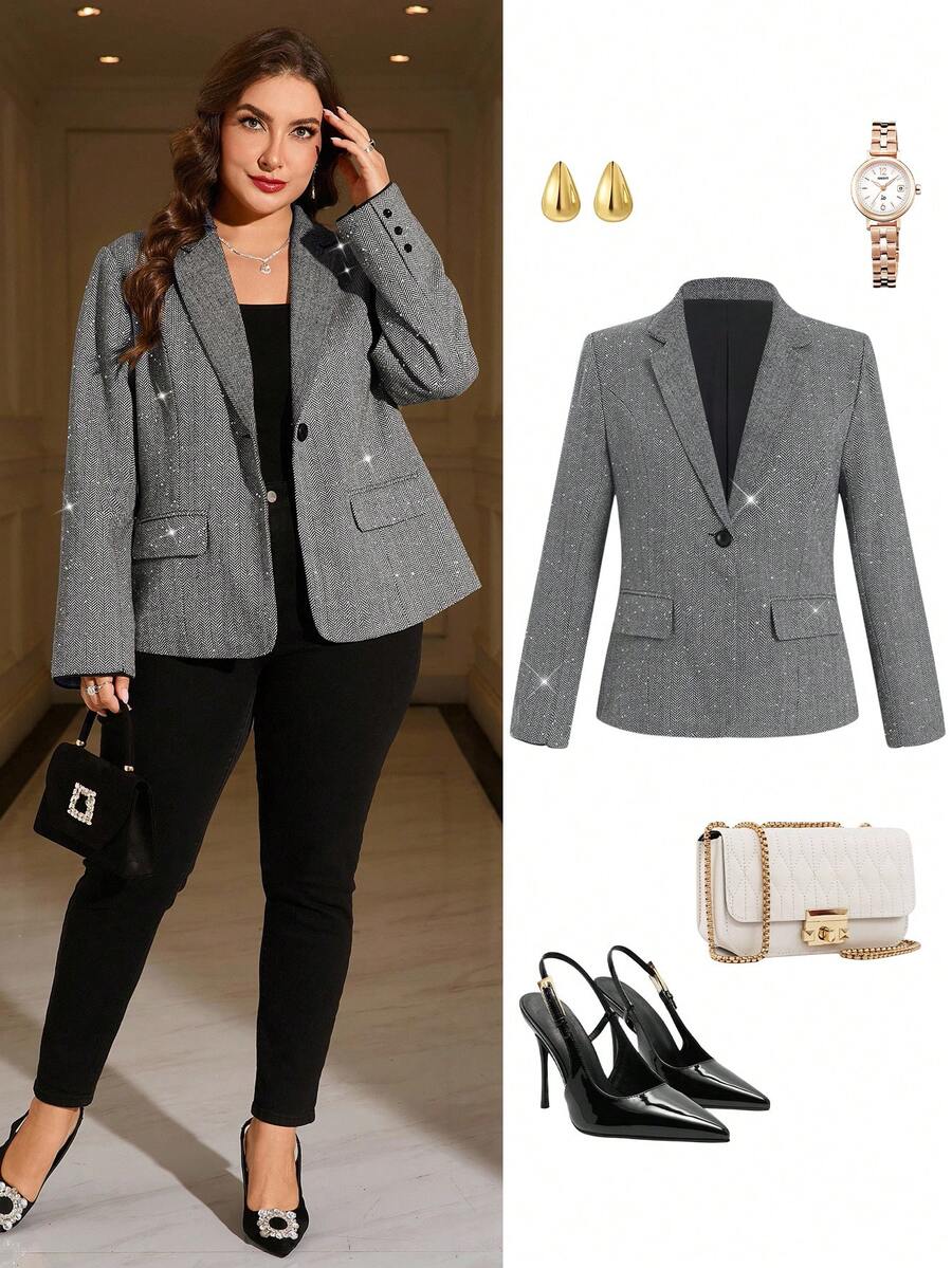 Gownix Plus Size Women's Elegant Tweed Beaded Pocket Suit, Suitable For Parties, Events, And Work Commute, Autumn/Winter Rave Party - Dark Grey - View 1
