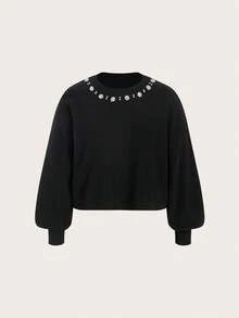 Ellevyn Plus Size Women Knitted Dress Set, Elegant Ladies Knitted Dress Suit, Knitted Sweater & Knitted Dress Set, Purple Knitted Dress Suit With Pearl Collar Decoration, Stretchy & Comfortable