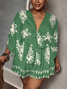 Slaydiva 女式加大码V领系腰宽松复古印花连体衣 - 綠色 - 查看 4