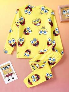SpongeBob SquarePants | SHEIN 2pcs Young Girl Cartoon Pattern Round Neck Long Sleeve Snug Fit Pajama Set, Yellow Fall Winter