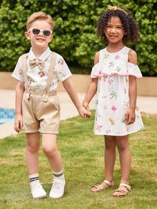 Joliand Joliand 1 pièce Robe élégante, urbaine et mignonne avec volant pour jeune fille, imprimé de palmiers et de fleurs, convient pour les réunions, les sorties, la plage, les fêtes, l'été - Multicolore - Voir 8