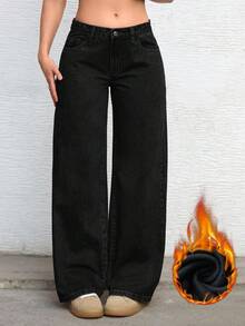 SHEIN Unity Plus Size Women's Fashionable Solid Color Straight Loose Y2K Distressed Baggy Jeans - Black - View 1