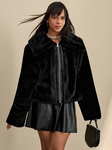 CLARA VERO Faux Fur Jacket With Wide Collar, Front Zipper Closure, Soft And Plush Texture, Warm Winter Outerwear - Black - View 3