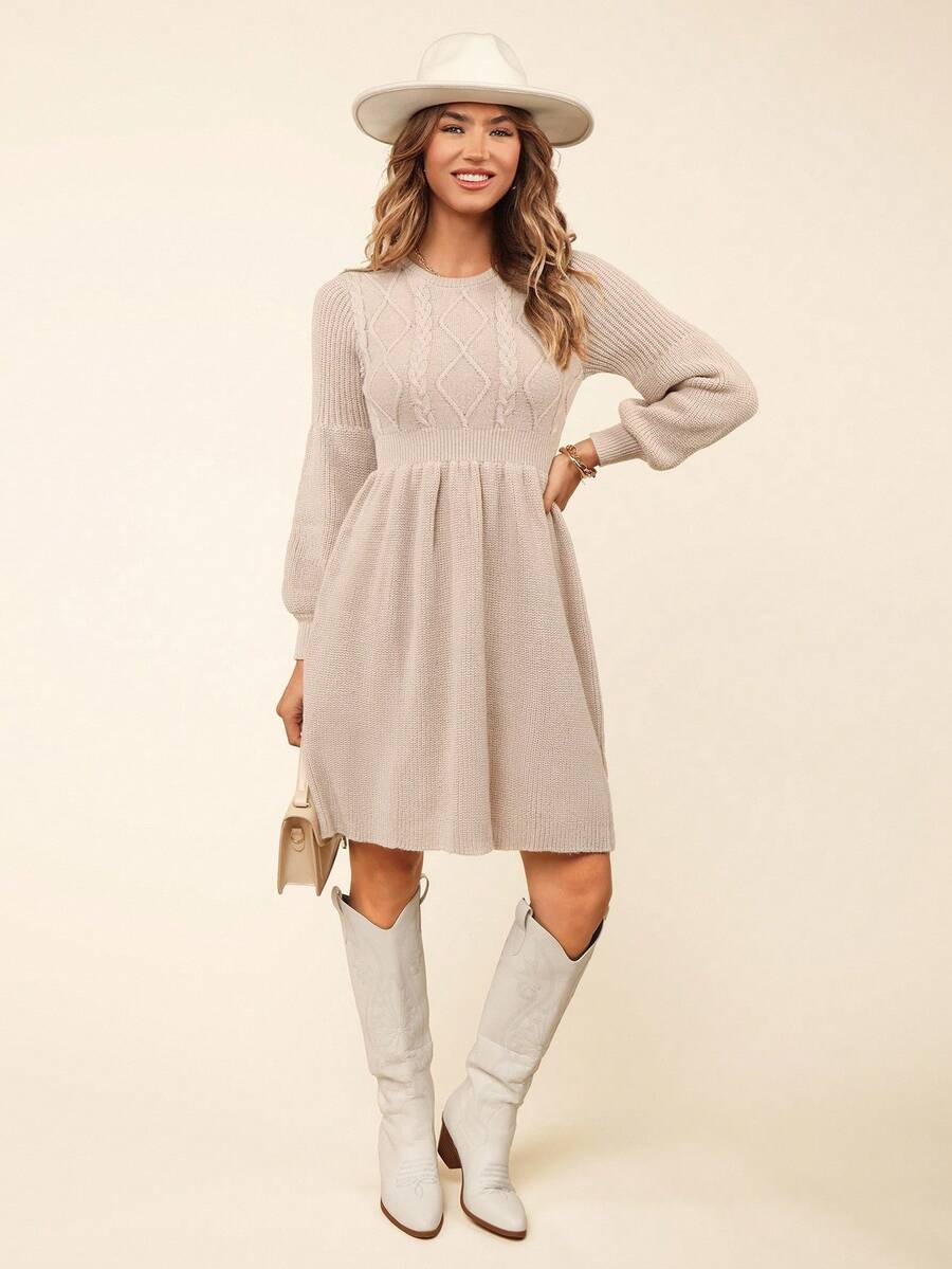 Coeurva 女士休闲/度假粗麻拼布 A 字型收腰圆领长袖针织连衣裙，秋冬 - 杏色 - 查看 1