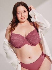 LUVLETTE 加大码女士全罩杯内衣休闲曲线支撑透气钢圈性感无衬垫显瘦酒红色蕾丝优雅文胸新娘内衣 - 玫瑰紅 - 查看 9