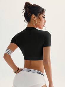 Easithlete 女士纯色立领紧身夏季短袖瑜伽运动T恤修身健身衫压缩衣 - 黑色 - 查看 2