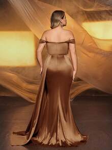 Glamrae 加大码优雅奢华酒红色露肩袖亮片拼接弹力缎面褶皱侧开衩鱼尾连衣裙，适合婚礼、派对、节日、庆典、晚会 - 棕色 - 查看 3