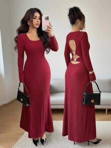 Rafferiza Elegant Burgundy Autumn Party Dress For Women,Slim-Fit Long Sleeve Back Hollow Metal Accessories Banquet Dinner Date Dress,Ladies Fashionable Outfit - Red - View 1