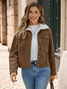 EMERY ROSE Chaqueta forrada térmicamente de bloque de color informal con cuello esponjoso, otoño/invierno - Marrón - Ver 3