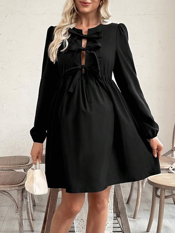 SHEIN Women's Casual Solid Color Front Tie Puff Sleeve Maternity Dress