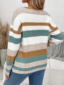 SHEIN 孕妇休闲宽松条纹圆领落肩长袖毛衣，秋季孕妇毛衣女毛衣针织毛衣秋季毛衣女条纹毛衣 - 彩色 - 查看 2