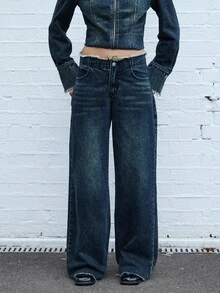 COUREZ Low Rise Baggy Fit Jeans With Distressed Waist In Dirty Blue Wash /Y2K Casual Spring Clothes  Women Clothes Cute Wide Leg Pants Low Rise Jeans - Blue - View 4