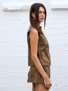COUREZ Faux Leather Zip Up Vest /Y2k Cute Tops Going Out Top Spring Jacket - Brown - View 4