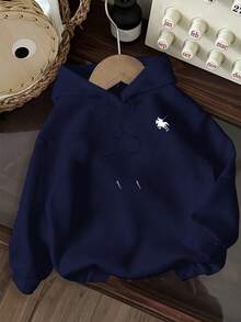 SHEIN EZwear 休闲简约马印花连帽长袖厚宽松卫衣女士，适合秋冬季 - 藏蓝色 - 查看 6