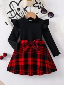 SHEIN 女婴 2 件套可爱格子拼布校园风格服装，荷叶边长袖立领针织 T 恤上衣和大蝴蝶结细节裙，非常适合秋冬季休闲日常穿着和上学日常，适合圣诞节