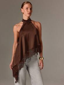 AiiRZ Women Sleeveless High Neck Lace Trim Asymmetric Satin Top Evening Party Fall Holiday Special Occasion Blouse Elegant Halter Tank - Coffee Brown - View 4