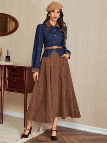 Vintamour 2件秋冬牛仔上衣和复古法式天鹅绒连衣裙套装 - 深色水洗藍 - 查看 3