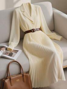 GlowEve Women's Elegant Collared Flared Hem Pleated A-Line Midi Dress, Waist Cinched, Long Sleeve, Casual/Work Wear, Light Yellow Fall Cloth For Women