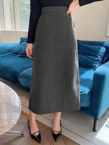 DAZY Damen einfarbiger gerader Rock, elegant für den täglichen Arbeitsweg - Grau - Übersicht 6