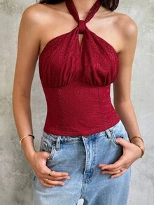 SHEIN Unity 女士蕾丝性感露背交叉绑带上衣，秋季款 - 酒紅色 - 查看 7