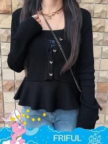 FRIFUL SHEIN X Care Bears 2 件女式字母刺绣荷叶边下摆吊带背心和开衫套装 - 黑色 - 查看 3