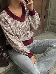 DAZY Pull décontracté à col V bicolore pour femmes, automne - Tabac - Voir 6