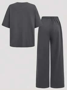 SHEIN Girlism Teen Girls 2 Pieces Casual Outfit - Loose Fit Crew Neck Knit Top With Graphic Print And Relaxed Fit Shorts, Suitable For Everyday Wear, Back-To-School, Holidays, Family Outdoor Activities, Spring Picnics And Various Occasions - Grey - View 2