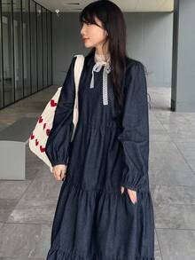 FRIFUL 女士休闲通勤长款牛仔连衣裙 - 藍色 - 查看 5