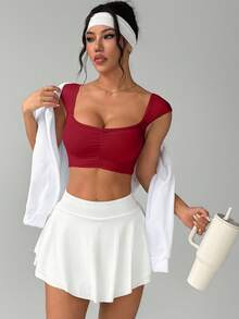 SHEIN Sovereign Charm Áo thể thao Yoga tay ngắn/Cổ tròn/Nhún phía trước/Thời trang/Chạy bộ thể dục/Yoga - Màu Đỏ Sâu - Xem 5