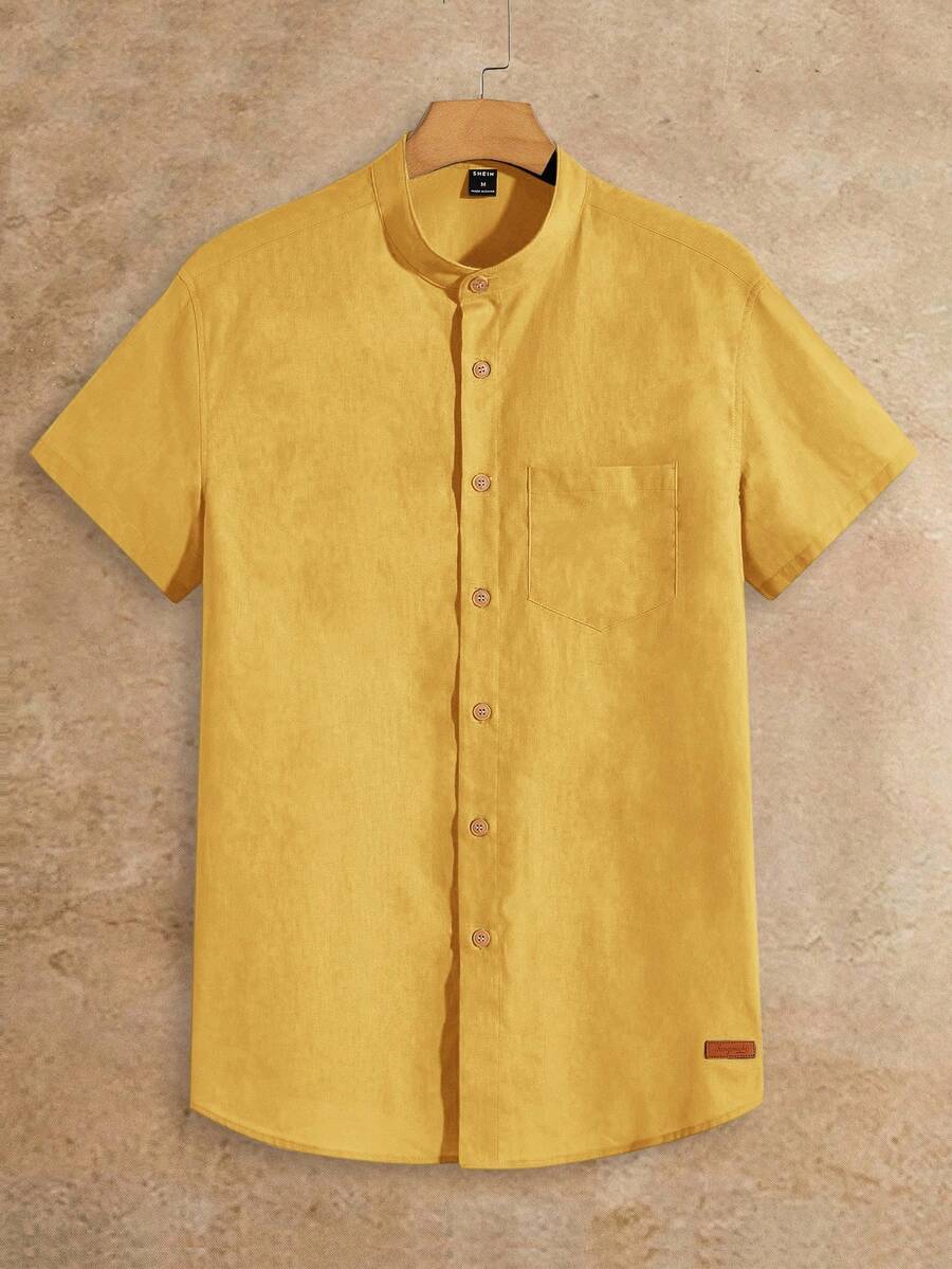 HIMLAND 男士休闲字母皮革贴饰立领修身短袖衬衫，Old Money - 黃色 - 查看 1