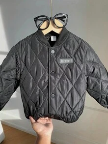 SHEIN Abrigo acolchado con botones de béisbol para niños pequeños - Negro - Ver 5