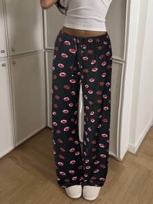 SHEIN EZwear Quần dài buộc dây họa tiết môi lãng mạn cỡ lớn phong cách tối giản, thường ngày, xuân/hè - màu đen - Xem 4