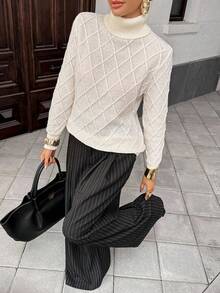 Chiquease 女士休闲纯色高领菱形针织长袖毛衣，秋冬 - 白色 - 查看 5