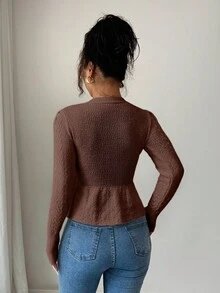 Elenzga Women's Elegant Ruffled V-Neck Waist Fitted Knit Cardigan Sweater, Suitable For Holiday & Vacation, Autumn/Winter - Coffee Brown - View 2