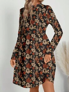 EMERY ROSE Casual Elegant Autumn Tone Red-Brown Fallen Leaves Full Print Pattern Women's Dress, Suitable For Autumn/Winter - Multicolor - View 6