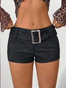 SHEIN PETITE 女士秋季扎染水洗PU迷你短裤，配腰带，复古做旧风格，小码，适合秋季穿着，也可作为万圣节服装，时尚百搭，休闲简约。适合外出、居家、休闲、优雅、通勤等多种场合，高品质升级，个性化定制，适合派对、通勤上班、会见客户等多种场合，尽显老钱风范、老板娘气质、女强人风范，性感迷人。 - 灰色 - 查看 6