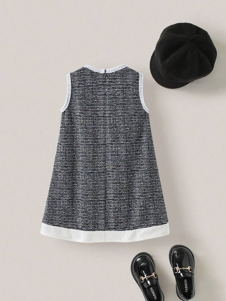 PrepCrw 1 件年轻女孩优雅校园风格休闲都市白色流苏和蝴蝶结装饰黑白无袖连衣裙，适合外出、聚会、返校、秋冬 - 黑與白 - 查看 3