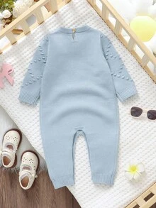 SHEIN 1 pieza Mono azul bebé con decoración de lazo dulce, mono de punto de manga larga de moda